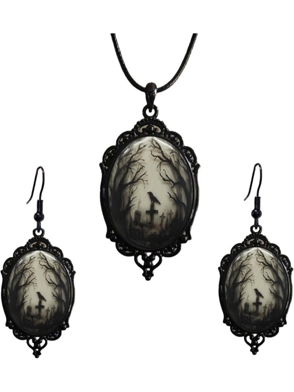 Vintage Gothic Raven Bat Witch Jewelry Set Cameo Necklace Earrings- A5:Raven